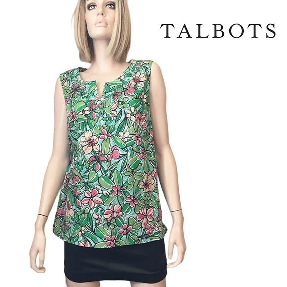TALBOTS Floral Print Blouse Top Cotton Green Watermelon Sleeveless Tunic Tank - Picture 1 of 16